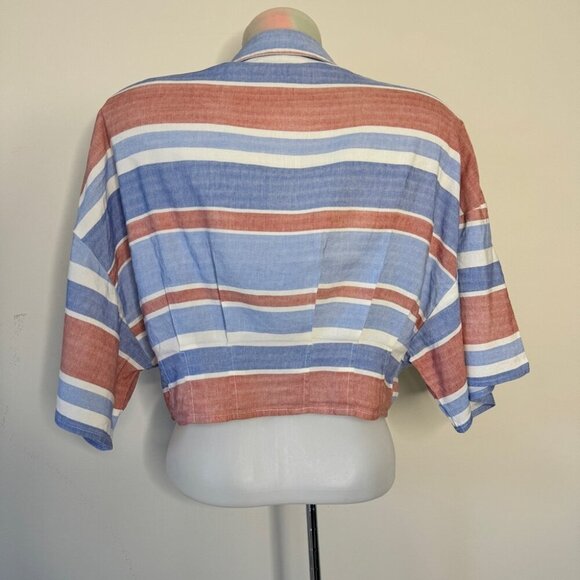 Zara Blouse Striped Linen Blend Button Up Cropped Short Sleeve Collared Sz S - Picture 3 of 14